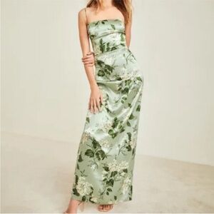 Reformation Frankie Silk Dress in Tea Garden Green Floral Maxi